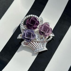 Silver Brooch with Purple Floral Design